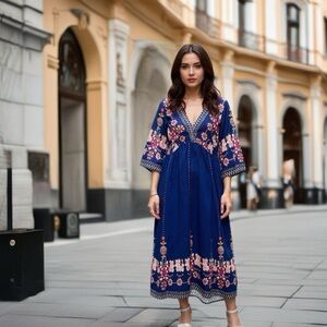 Blue V-Neck Bell Sleeve Resort Dress